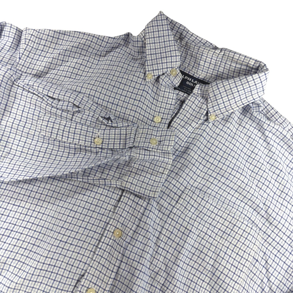 Ralph Lauren Mens L Button Down Shirt Linen Cotton Plaid‎ Tilden Fit Blue White